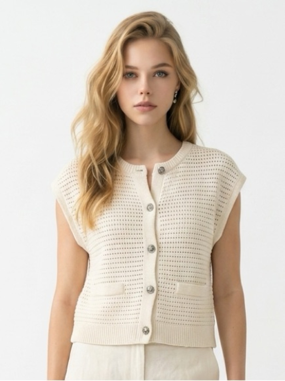 Lucky Brand Cream Crochet Knit Button-Front Vest with Matching Wide-Leg Pants